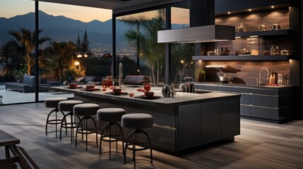 Modern dark kitchen with pool views