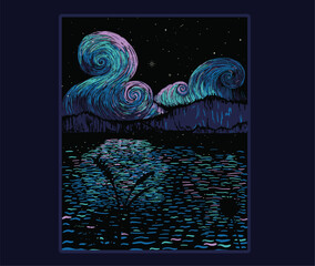 moonlit night landscape vector illustrator, retro neon vector art, mountain lake night drawing, night sky graphic print, camping night artwork, digital landscape art