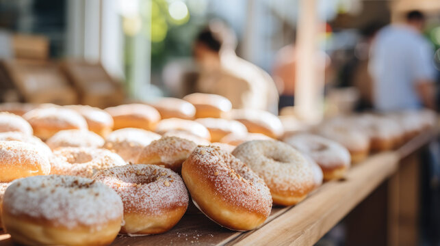Fresh donuts bagels on a table, outdoors marketplace, artisanal baked goods