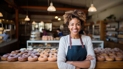 Happy smiling woman working at a donut and bagel store, small business owner