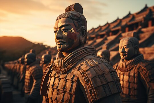 Terracotta Army: Rows of terracotta soldiers guarding the tomb of China's first emperor.Generated with AI