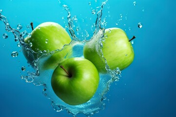 Fresh green apples fall into the water with a splash on blue background.