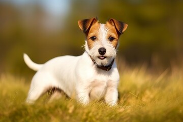 Happy jack russell terrier pet dog waiting, listening in the grass. 