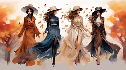 Foto op Aluminium autumn fashion clothes, a group of models of girls, in october look, watercolor on a white background drawing, models in a row © kichigin19