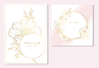 Gold line floral wedding frame with dahlia and cosmos flowers. Invitation minimal card template. - 646754064