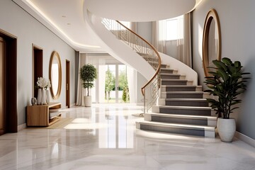 The interior design of the modern entrance hall with a staircase in the villa. 