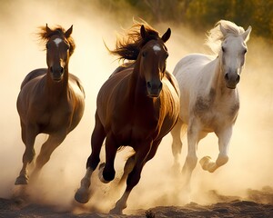 A group of horses running on the land. 
