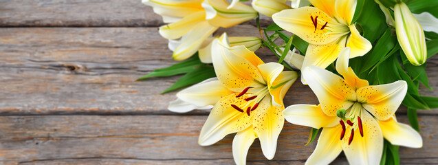 Lily flowers on a wooden background bright color background