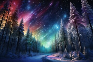 Magic Christmas trees forest in winter with northern lights Generative AI - obrazy, fototapety, plakaty