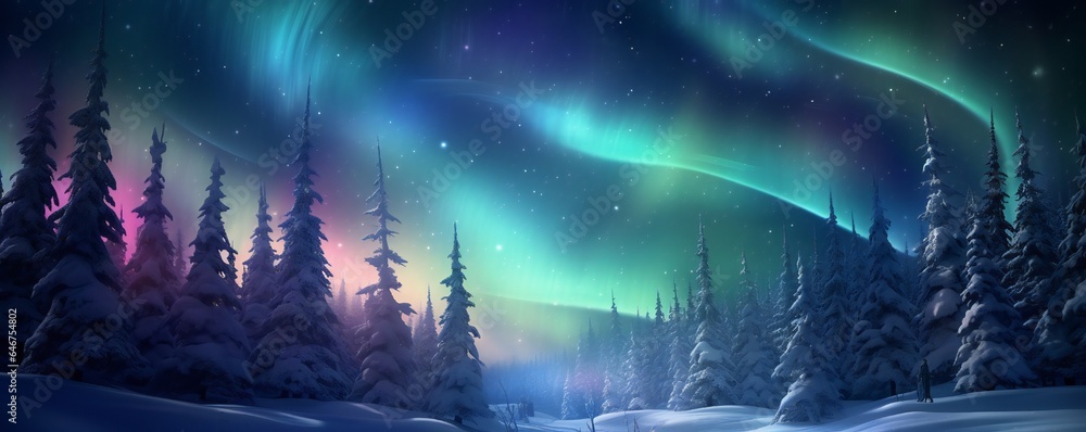 Wall mural magic christmas trees forest in winter with northern lights generative ai