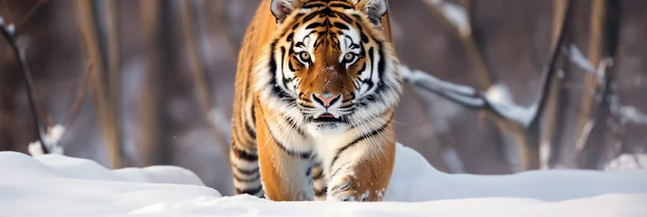 Fototapeten tiger in snow, panoranic banner, empty space © Yulia