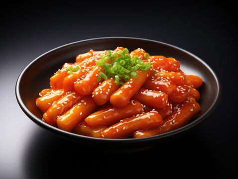 Bowl of Korean rice cake, Korean street food spicy rice cakes in red sauce,  tkeokbokki or topokki 