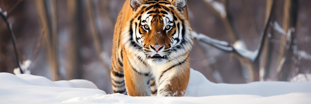 tiger in snow, panoranic banner, empty space