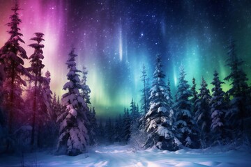 Magic Christmas trees forest in winter with northern lights Generative AI