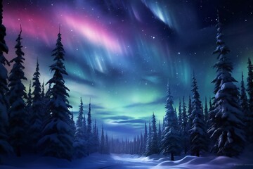 Fototapeta premium Magic Christmas trees forest in winter with northern lights Generative AI