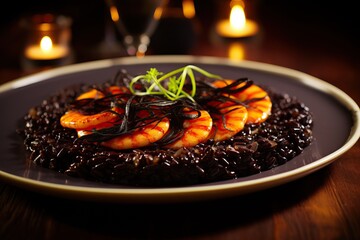 black paella with shrimp. Healthy and delicious food