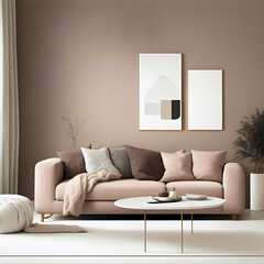 modern living room ,A stylish living room wall with a minimalistic concept, muted hues, and a hint of sophistication. copy space , generative ai