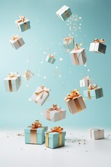 Christmas gifts flying in the air. New Year's concept in bright colors