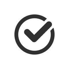 check mark in a circle icon. Monochrome black and white symbol