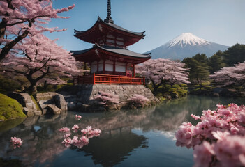 Pagode and Mount with cherry blossom tree during spring season. Generative AI