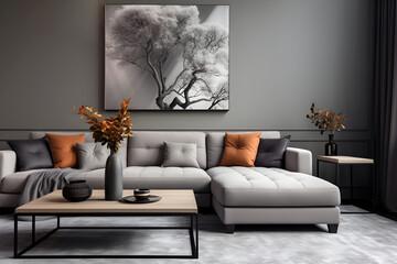 Interior design of a gray living room with a gray sofa, painting on the wall and coffee table, cozy atmosphere for rest