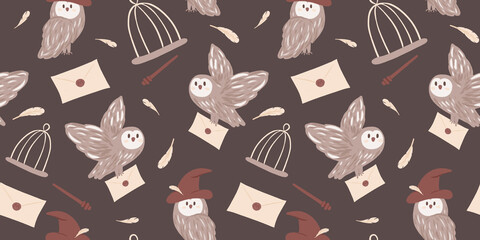 seamless pattern with wizard objects - owl, wizard hat, magic wand, leaf, feather. Halloween pattern. Ideal for children's textiles, clothing, stationery, backpacks, packaging