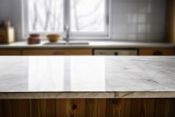 Empty marble table. White interior. Sleek and modern. Bright space. minimalist kitchen design. Clean and spacious