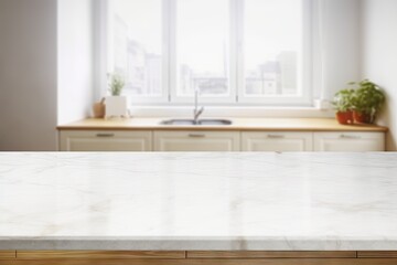 Fototapeta premium Empty marble table. White interior. Sleek and modern. Bright space. minimalist kitchen design. Clean and spacious