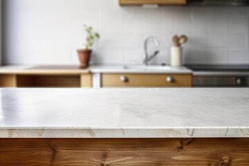 Fototapeta na wymiar Empty marble table. White interior. Sleek and modern. Bright space. minimalist kitchen design. Clean and spacious