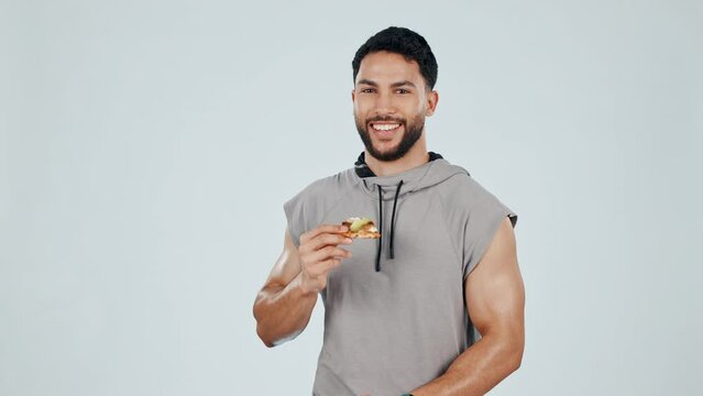 Fast food, no and face of fitness man with pizza in studio, warning or finger protest on grey background. Diet, wrong and portrait of guy personal trainer with hand rejection, stop or emoji mistake