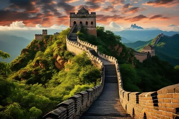 Foto op Canvas The Great Wall of China: Majestic view of the iconic Great Wall snaking through lush landscapes.Generated with AI © Chanwit