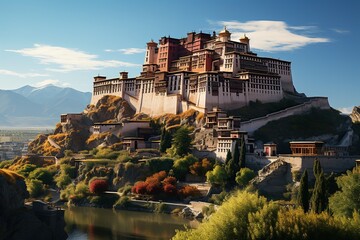 The Potala Palace: A stunning Tibetan palace with golden roofs against a clear blue sky.Generated...