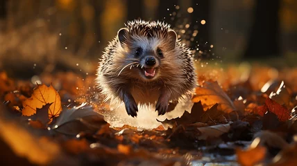 Deurstickers freedom the hedgehog runs through the autumn forest dynamic scene leaves fly around the onset of autumn changes © kichigin19