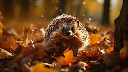 Foto auf Acrylglas freedom the hedgehog runs through the autumn forest dynamic scene leaves fly around the onset of autumn changes © kichigin19