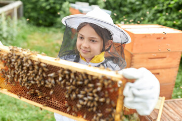 Obraz premium Girl analyzing beehive frame with honey bees amidst smoke