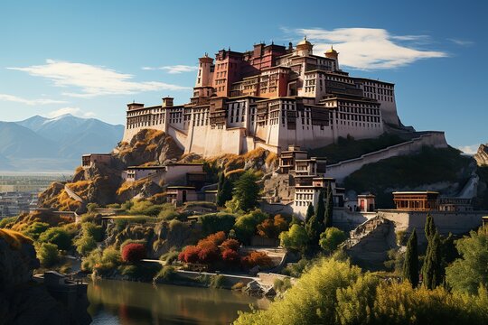 The Potala Palace: A stunning Tibetan palace with golden roofs against a clear blue sky.Generated with AI