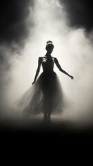 vertical portrait silhouette of a ballerina dancing in smoke stage light loneliness and dancing