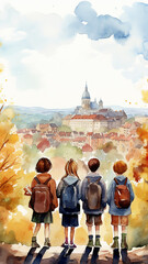 vertical narrow view from the back children go to school against the background of an old European city in the style of a watercolor painting