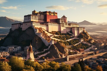 The Potala Palace: A stunning Tibetan palace with golden roofs against a clear blue sky.Generated with AI - Powered by Adobe