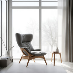 cozy chair by the window  ,modern  interior with minimal concept , copy space , generative ai 