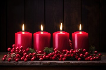 four red christmas candles on red background