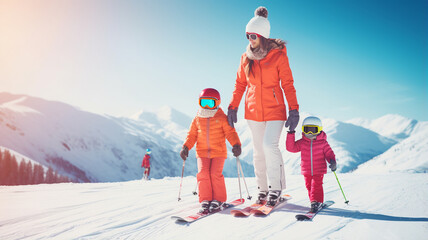 family, holidays and travel concept - father and little daughter in ski clothes with skis at snowy resort