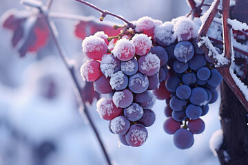 A Breathtaking Closeup of Snow-Covered Grapes, Capturing the Sublime Beauty of Frost-Kissed Vineyard in a Serene and Glistening Scene