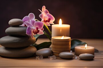 Fototapeta na wymiar spa and wellness design with orchid flower stones and candle