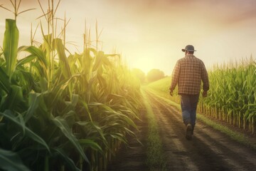 Fototapeta premium Farmer corn field walking. Generate Ai