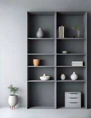 shelf with shelves, grey wall with  shelves , minimal interior , Generative AI