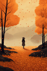 color block illustration of a woman standing far away with orange autumn landscape nature fall colours hand drawn digital art style calendar