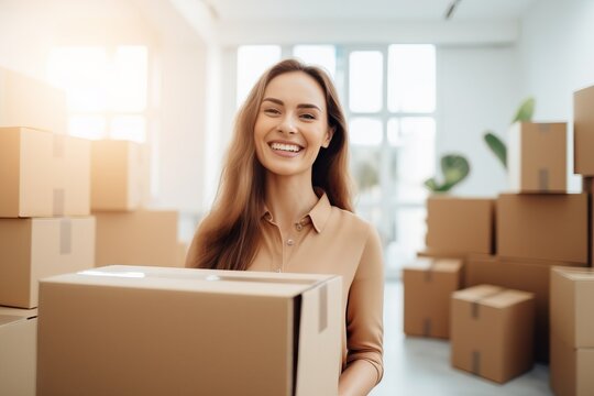 a woman with moving boxes. The concept of moving alone