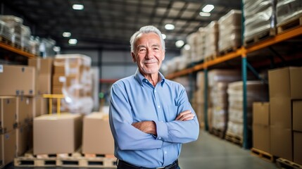 portrait of a senior man at work in warehouse, copy space