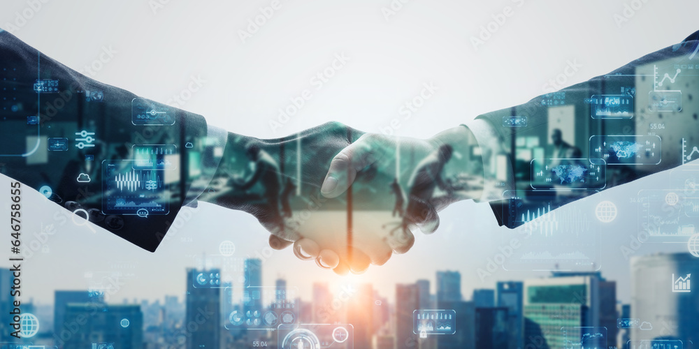 Aufkleber group of multinational people shaking hands and digital technology concept. wide angle visual for ba